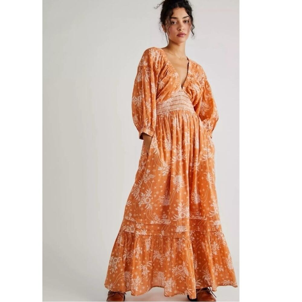 Free People Golden Hour Maxi Dress Bohemian Floral Dainty Tan Neutral Small - Picture 3 of 14